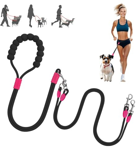 Doppelleinen für 2 Hunde, kein Verheddern 360° drehbar für alle Rassen | MewZoo Doppelleine Hundeleine aus Nylon mit weichem Griff, Hundeleinen zum Spazierengehen, Laufen, Trainieren (schwarz)