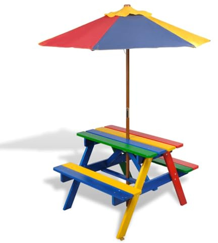 Hoopleep Kinder-Picknicktisch mit Bänken, farbenfroh, aus Tannenholz, inklusive 120 cm Sonnenschirm, ideal für Outdoor-Spiele, robust, klein, für Kinder