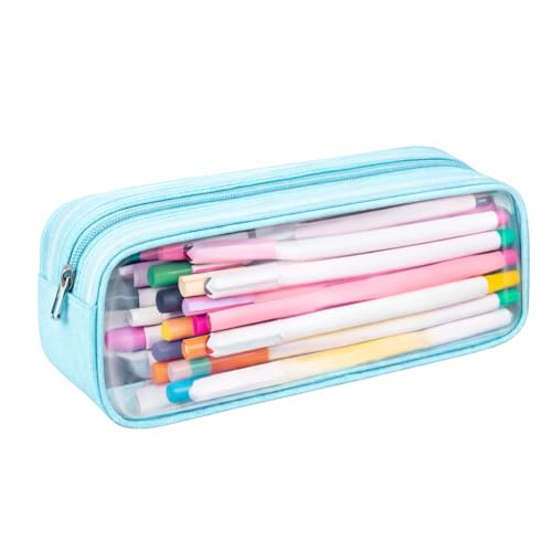 KRUMAD Federmäppchen Schule, Schüleretui, Mäppchen, Federtasche für Stifte | Transparentes, 23 x 10 x 6,5 cm, Wasserabweisend, Leicht, Vielseitiges, Großes, Praktisches, Weiche Hülle, Unisex, Hellblau