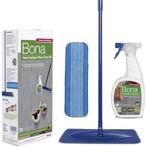 Bona Bodenwischer Set für Stein, Fliesen und Laminat, Wischmopp Set mit 1 L Reiniger und Mikrofaser-Reinigungspad, Wischer für Laminat, Stein Reinigungsmittel
