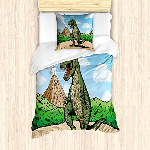 ABAKUHAUS Dinosaurier Bettbezug Set für Einzelbetten, T-Rex Aktiver Vulkan, Milbensicher Allergiker geeignet mit Kissenbezug,Hellbraun Blassblau