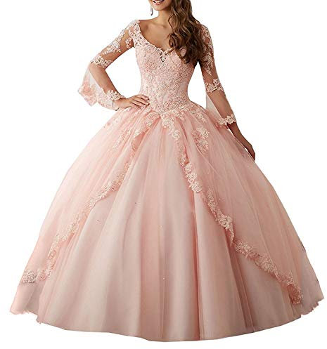 JAEDEN Robe de Bal Manche Longue Robe de soirée Longue Robe de mariée Robe de Quinceanera V-Cou Rose EUR48