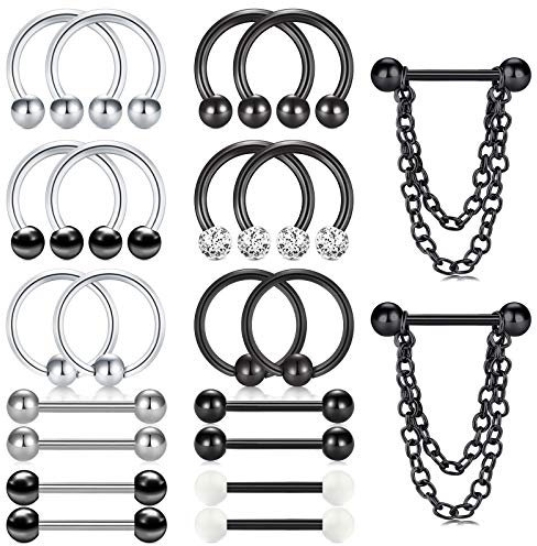 LAURITAMI 11 Paar Brustwarzenpiercing Nippelpiercing Chirurgenstahl 14mm 14G Hufeisen Ringe Barbell Nippel Kette Piercing