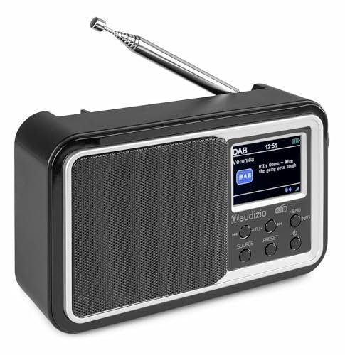 Audizio Anzio Radio Portátil Dab+ con batería y Bluetooth, Pantalla a Color de 2, función de Alarma y Apagado automático, Carga USB, Salida de Auriculares de 3,5 mm, Entrada AUX, Color Negro