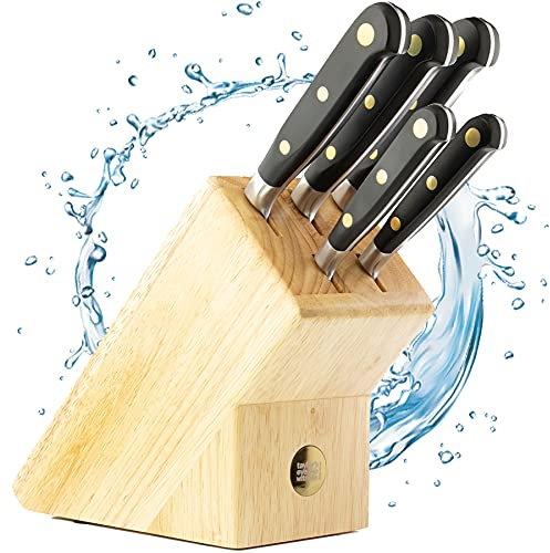 5 Piece Oxford Knife Set with Wooden Knife Block - Premium Stainless Steel Kitchen Knife Sets from Taylors Eye Witness. Professional Chef Standard Kitchen Utensils Razor Sharp Blades Black and Brass
