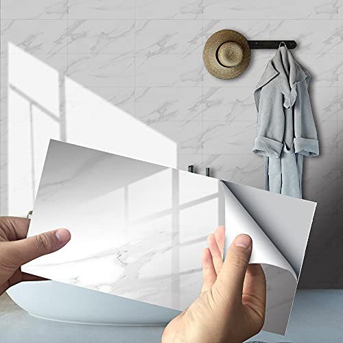 Hiser Adesivi per Piastrelle Marmo, Impermeabile a prova di olio PVC Autoadesivo Decorazione, Facili da Staccare e Applicare Adesivi Pavimento per Bagno Cucina Parete, 30x15cm (Bianco,16 Pezzi)