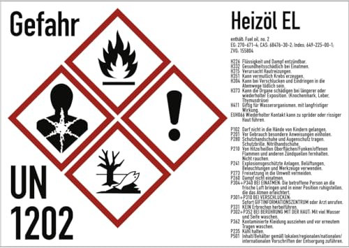 König Werbeanlagen Gefahrstoffkennzeichnung Heizöl EL nach GHS, Aufkleber, 210x148 mm, Idx 2019, UN 1202, Piktogramme nach CLP/GHS