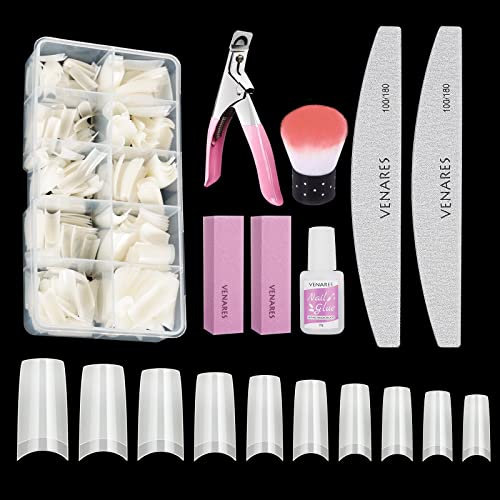 Capsules Ongles, Venares 500 Pcs Faux Ongles Français Acrylique Artificiel Capsules Ongles avec Colle, Blocs de Polissoirs Ongles, Pinceau à Ongles, Limes à Ongles, Coutellerie Ongles (Naturel)