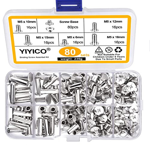 Buchschrauben Chicago Schrauben Schraubnieten für Leder 80 Sets Binding Schrauben M5 x 6/10/12/15/18mm für Leder Album Buch DIY Handtaschen(80 Sets)