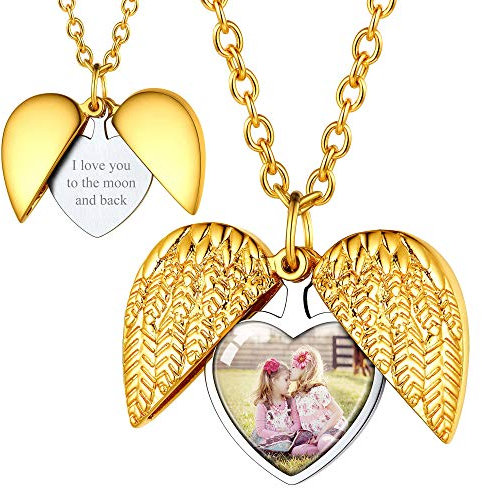 FOCALOOK Damen personalisert Foto Medaillon zu Öffnen platiniert Engelflügel Anhänger Halskette Namen Gravur Foto Bilder Amulett Floating Locket Schmuck für Muttertag Valentinstag