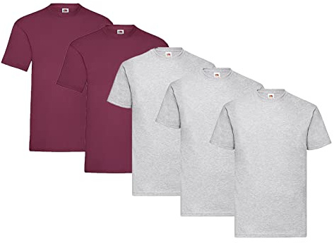 Fruit of the Loom Pack of 5 T-shirts, 3 x Grey + 2 x Burgundy + 1 HL Kauf Notepad, Size S