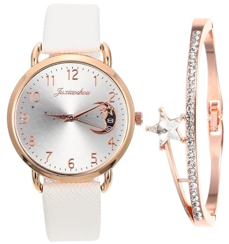 Hemobllo Elegante Damen Armbanduhr im Sternen Mond Design Exquisite Quarz Uhr mit Lederarmband für Frauen Ideales für Festivals und Besondere Anlässe