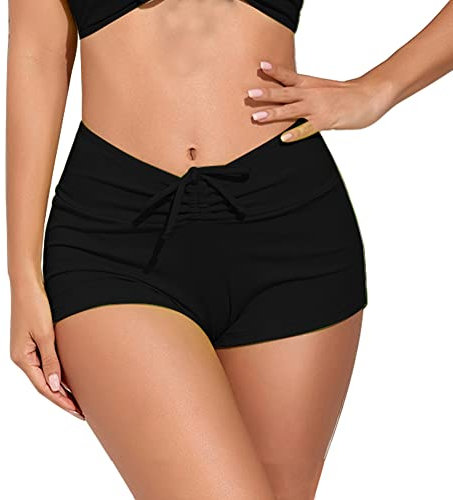 meioro Pantaloncino da Bagno Tinta Unita per Donna Coulisse Pantaloncini da Nuoto Costumi da Bagno Asciugatura a Vita Alta Sportivo Culotte da Bikini Costume Donna Pantaloncino(Nero,S)