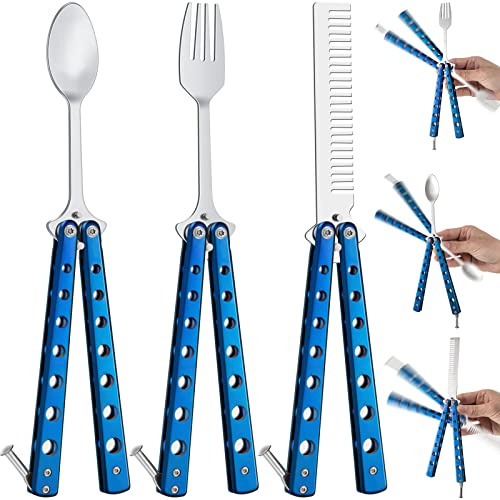 Eaasty 3 Pieces Butterfly Comb,Fork and Spoon Set,Tactical Stainless Steel Folding Butterfly Spoon for Camping Hunting Travel Outdoor(Blue)