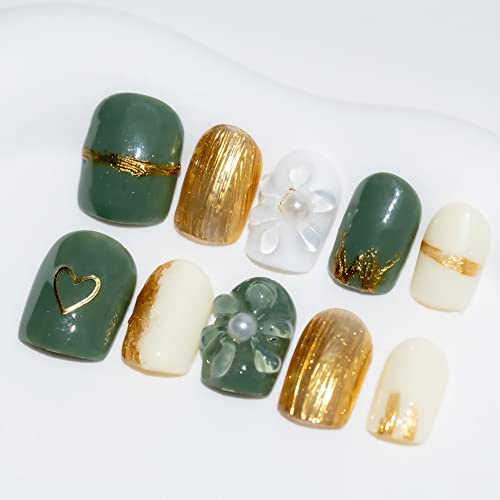 Sun&Beam Nails Handmade Press-on Short Square Green White Gold Flower 3D Hand-Painted Design Fashion False Nail Tips 10 Pcs Set (#059 S)