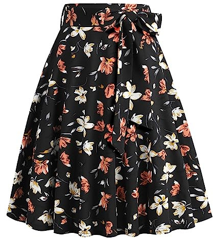Odizli Rock Damen Knielang Rockabilly Tellerrock Elegant 50er Jahre Vintage Audrey Hepburn A Linie Swing Petticoat Röcke Faltenrock Plisseerock Retro Trachtenrock Festlich Sommerrock Schwarz Blume XXL