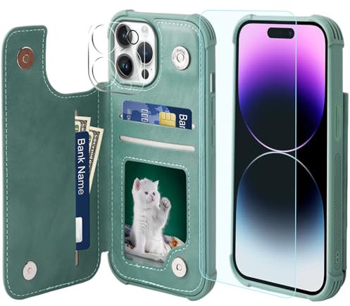 VANAVAGY Wallet Case Compatible for iPhone 15 Pro Max,Leather Flip Folio Shockproof Phone Cover Fit Magnetic Car Mount [Screen Protector Included] with Credit Card Holder, Forest green