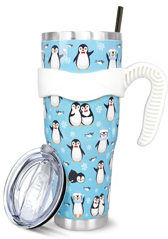 Paqoygl Pinguin-Becher Mit Griff und Strohhalm - Großer Edelstahl-Reisebecher, Vakuumisoliert, Eiskaffeetasse, Geschenk für Frauen, Dekoration, Blau, 1,2 L