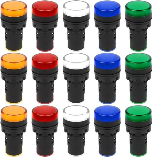 Ticeed 15 Stück LED-Kontrollleuchten 22mm Kontrollleuchte 36-230V LED Flush Panel Mount Weiß Gelb Rot Blau Grün Signallampe Anzeige Leuchte Lampe Armaturenbrett für Telekommunikation Werkzeug