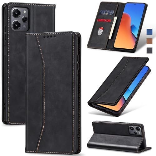 Jasonyu Handyhülle für Xiaomi Redmi 12 4G/5G Hülle Leder Flip Klappbare Stoßfeste Magnetische [Premium PU Leder] [Standfunktion] [Kartenfächern] Schutzhülle Klapphülle für Redmi 12 (Schwarz)