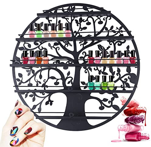 5-Tier Metal Nail Polish Stand Wall Shelf Round Nail Polish Organiser Shelf Display Nail Polish Rack Wall Shelf for Nail Polishes Essential Oils Perfume Organiser for Nail Studio Home, Black, 60 cm