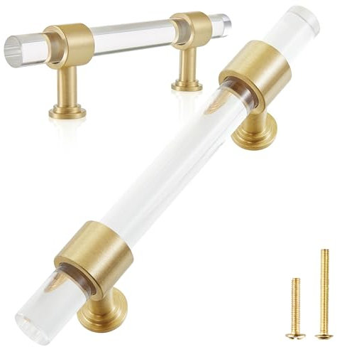 QOGRISUN Paquete de 5 tiradores acrílicos para gabinete con base de latón, centro de agujero de 3-3/4 pulgadas para cocina, manijas de cajón modernas doradas, tiradores de cristal transparente para