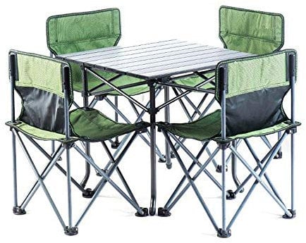 KGDJBGSE Tragbarer Tisch, faltbar, leicht, Outdoor-Camp, tragbarer Klapptisch, Stühle-Set mit Tragetasche, 4 Stühle + 1 Tisch, kompakte Größe für Camping, Outdoor, Camping, Wandern und Picknick, Grün