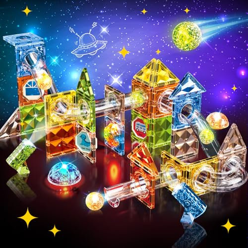 Herenear Magnetische Bausteine, 69 Teile 3D Leuchtenden Magnete Konstruktion Bauen Blöcke, 3D Magnet Murmelbahn Bausteine, STEM Lernspielzeug Bausteine, Magnetspiel Geschenke ab 3 4 5 6 7 8 9(69 Pcs)