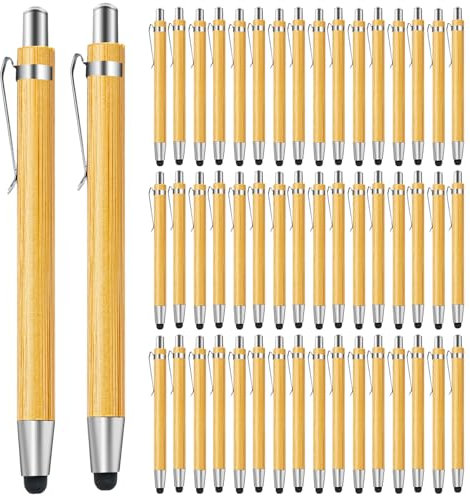 SPORWAY Lot de 50 stylos à bille en bois de bambou pour écriture, journal, école, fournitures de bureau, cadeau de remise de diplôme (noir avec écran tactile)