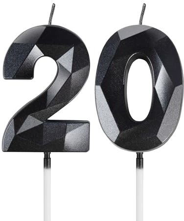 Schwarz Kerzen zum 20. Geburtstag - 3D Zahl 20 Kerze für Kuchen, Junge Mädchen Geburtstag Dekorationen, Kuchendekorationen für Geburtstagsfeier Hochzeitstag