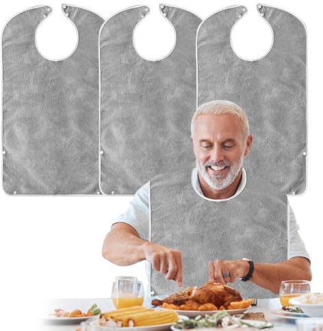 DASIAUTOEM 3 Stück Lätzchen für Erwachsene, Wasserdicht Erwachsenen Lätzchen mit Klettverschluss Wiederverwendbar Frottee Lätzchen für Männer, Frauen, ältere Menschen und Behinderte (Grau)