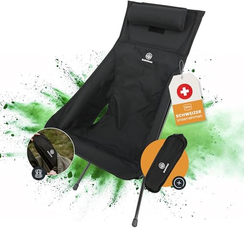 Bushpeak Wildscape Campingstuhl kleines Packmaß mit Transporttasche - Outdoorstuhl Wandern Trekking kompakt bis maximal 150kg (Schwarz, Groß)