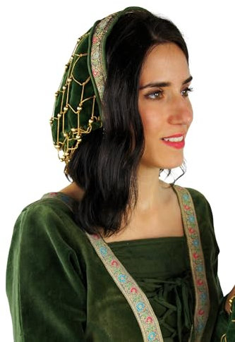 Leonardo Carbone® Damen Kopfbedeckung Samthaube Elaine | Perlenverzierung | Mittelalterliches Design | Karneval, Halloween, Cosplay, LARP, Haube, Hut, Kopfschmuck | 100% Baumwolle Grün