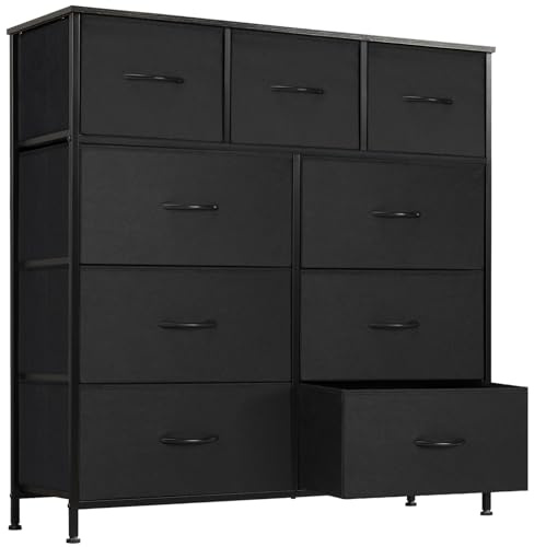 Atilioo Dresser for Bedroom with 9 Drawers, Anti-Tip Tall Fabric Chests Storage Organizer Tower Furniture with Wooden Top Metal Frame for Clothes, Closet, Living Room, Hallway, Entryway