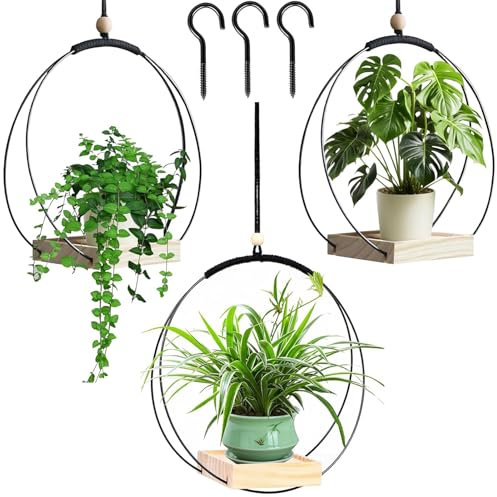 AIDODIA Blumenampel Hängend Innen - Metall Blumenampel Schwarz, Hängeampel Mit Holzsockel, Decke Hängende Pflanzer, Hängetopf Für Pflanzen Für Zimmerpflanzen Sukkulenten Luftpflanzen Kaktus (3PCS)