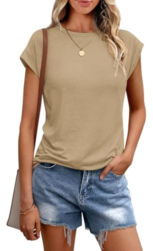 Chicrise Tshirts Women UK Cap Sleeve Round Neck Vest Tops Basic Solid Color Loose Blouses Coffee Means 12-14