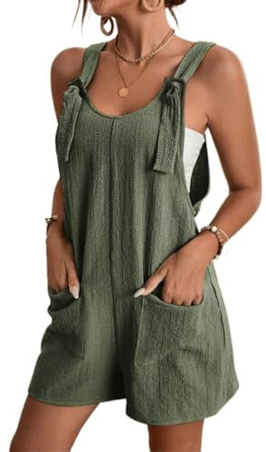SaiDeng Salopette corte estive da donna, senza maniche, in cotone e lino, con tasche, casual, con bretelle, per tutti i giorni e le vacanze, verde militare, 3XL