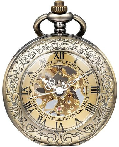 DerMacht Mechanical Pocket Watch Bronze, for Men Women Special Magnifier Half Hunter Engraved Case Roman Numerals with Chain