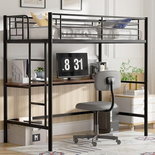 VECELO Loft Bunk Bed with Desk, High Sleeper Bedframe 90×190cm with Removable Ladder and Safety Guardrail, Space-Saving, Noise Free, No Box Spring Needed, Black