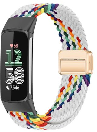 MokaZii Nylon Armband Kompatibel mit Fitbit Charge 6 / Fitbit Charge 5, Elastic Adjustable Sport Uhrenarmband für fitbit charge 6/5 (Weiß/Regenbogen)