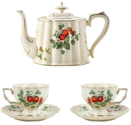 Service à thé en porcelaine, théière en céramique motif fraise (900 ml), tasses (220 ml) et soucoupes, parfait pour le thé de l'après-midi et les mariages