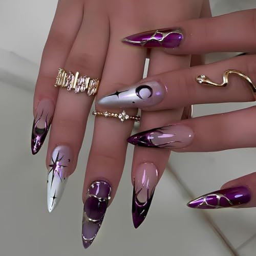 Shimmerz 24 Pieces Stiletto Nail Stickers Long Artificial Nails Purple Fake Nails 3D Star and Moon Pattern with Cat Eye Design for Women and Girls