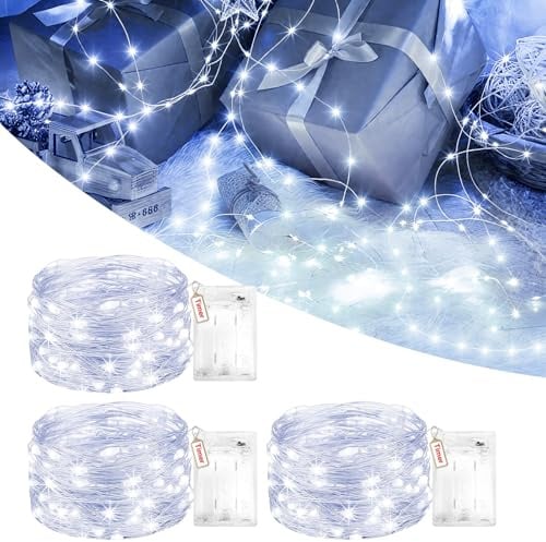 Peasur 3 Stück Lichterkette Batterie 2 Programm mit Timer, 3M 30 LED Lichterkettenbatterie Kaltweiß, Klein Draht Lichterketten Batterien Innen für Weihnachten Party Hochzeit Geschenke Deko