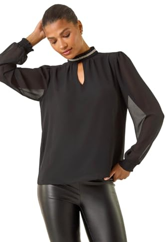Roman Originals Sparkly Trim High Neck Top for Women UK - Ladies Everyday Autumn Winter Comfy Soft Evening Vacation Work Party Night Out - Black - Size 12