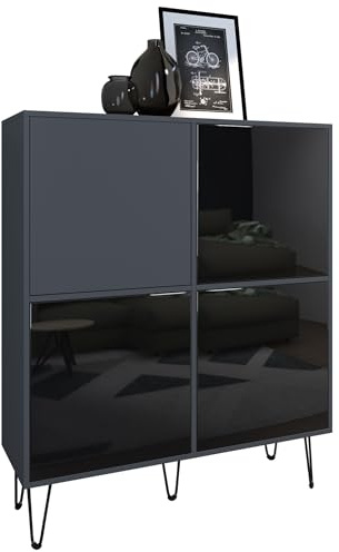 Vladon Highboard Havana V2, Kommode mit 4 Türen und 8 geschlossenen Fächern, Kommode Made in Germany, Anthrazit matt/Schwarz Hochglanz (104 x 124 x 35 cm)
