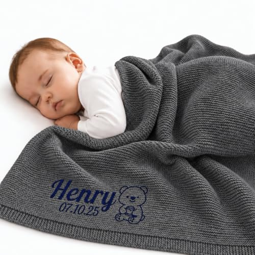 Stepdiy Personalisierte Babydecke Aus Baumwolle Mit Besticktem Namen | Babydecke Personalisiert, Weiche Strickdecke Für Neugeborene, Jungen Und Mädchen, Personalisiertes Babygeschenk Zur Geburt