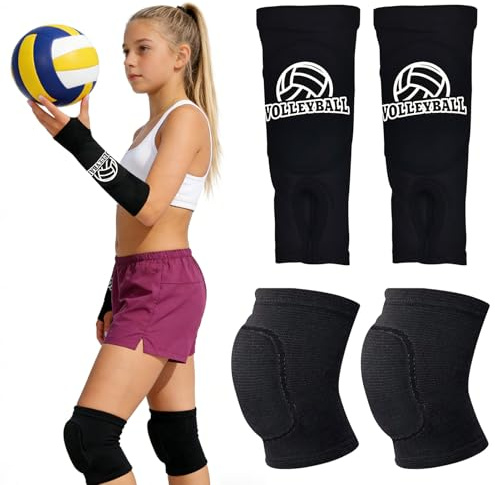 Hpbaggy Espinilleras fútbol para niños jóvenes, 1 Par Antebrazo Voleibol + 1 Par Rodilleras para Voleibol