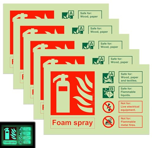 5Pack Foam Fire extinguisher Sign Glow-in-the-dark Fire Extinguisher Label | Self-adhesive Foam Spray Label for Wood paperand textiles Flammable liquids Not for Live Electrical Equipment Flammable Metal