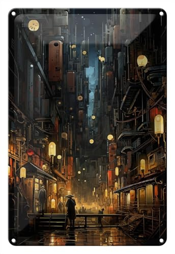 Wallario Blechschild Wandbild aus Metall Neonbeleuchtete Gassen - 20 x 30 cm in Premium-Qualität: Brillante Farben