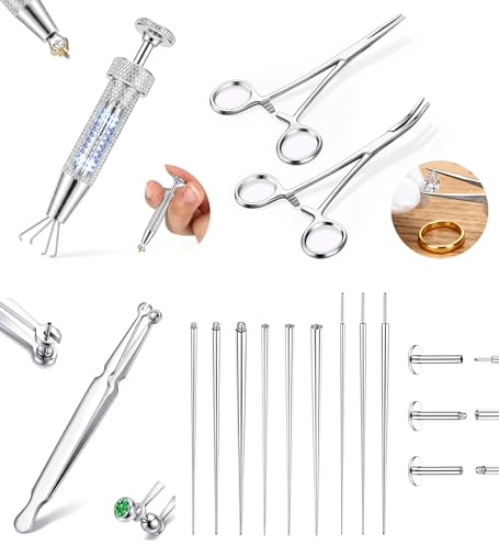 Milacolato 13/17 Pezzi Inseritore Piercing Kit 14G/16G/18G/20G Taper Piercing Acciaio Chirurgico per Cambiare il Gioiello Ago Piercings Pinze Pinzette per Orecchio Labbro Ombelico Naso-AS